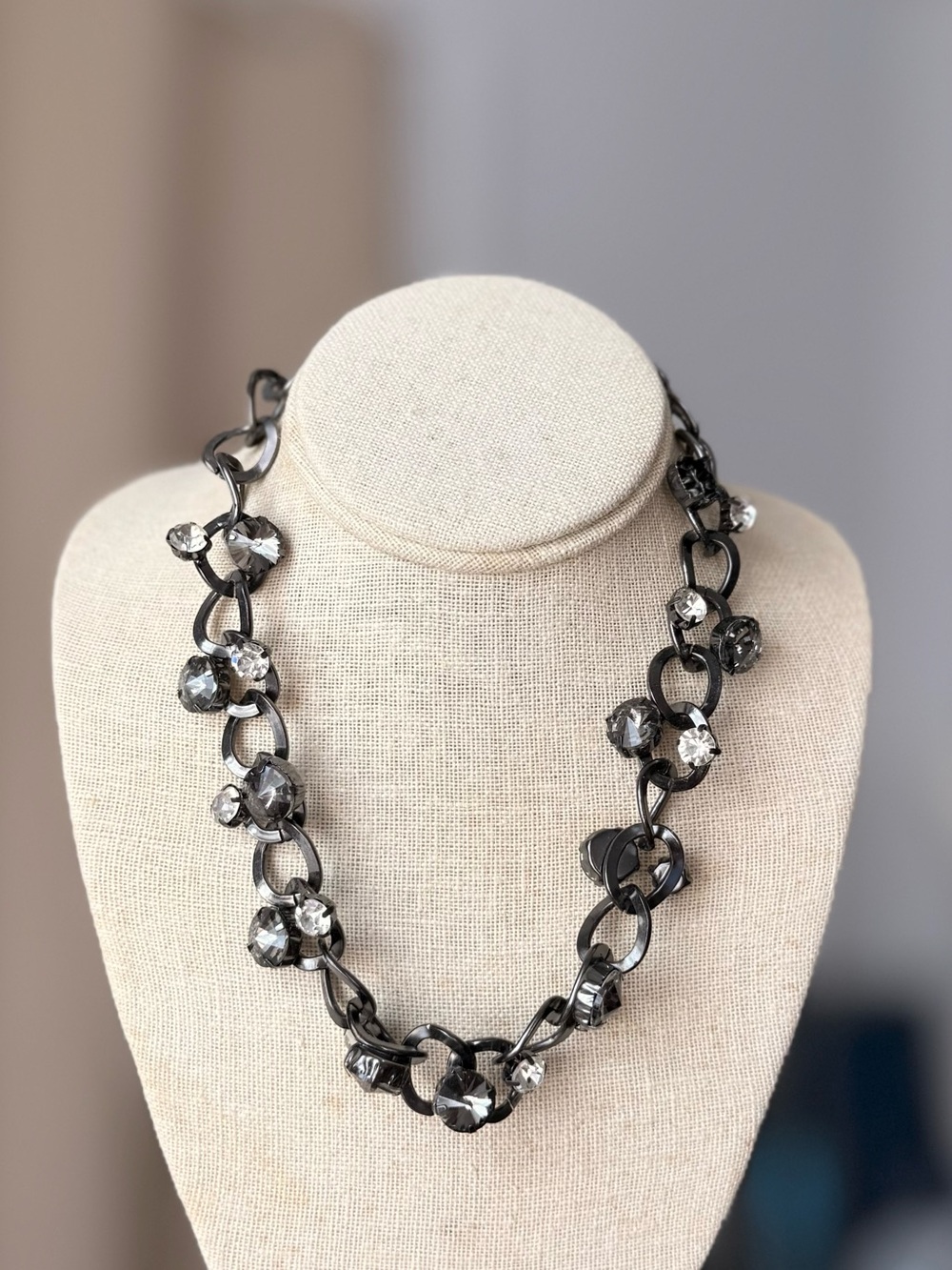✔Gunmetal Crystal Cluster Chunky Link Statement Necklace